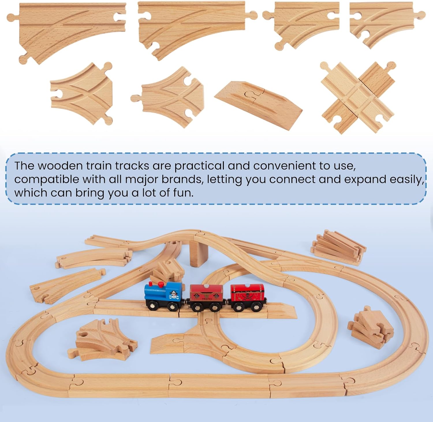 Wooden Train Tracks, 58Pcs Track Expansion Wooden Railway System image 5
