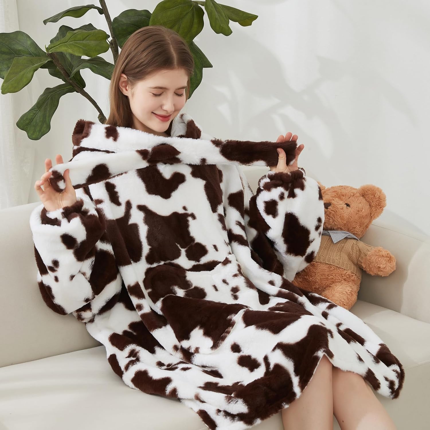 Softan Blanket Hoodie, Oversized Fleece Wearable Blankets for Women and Men Gifts, Cozy Warm and Soft Sweatshirt Blanket with Large Pocket, Brown Cow Print - Image 4