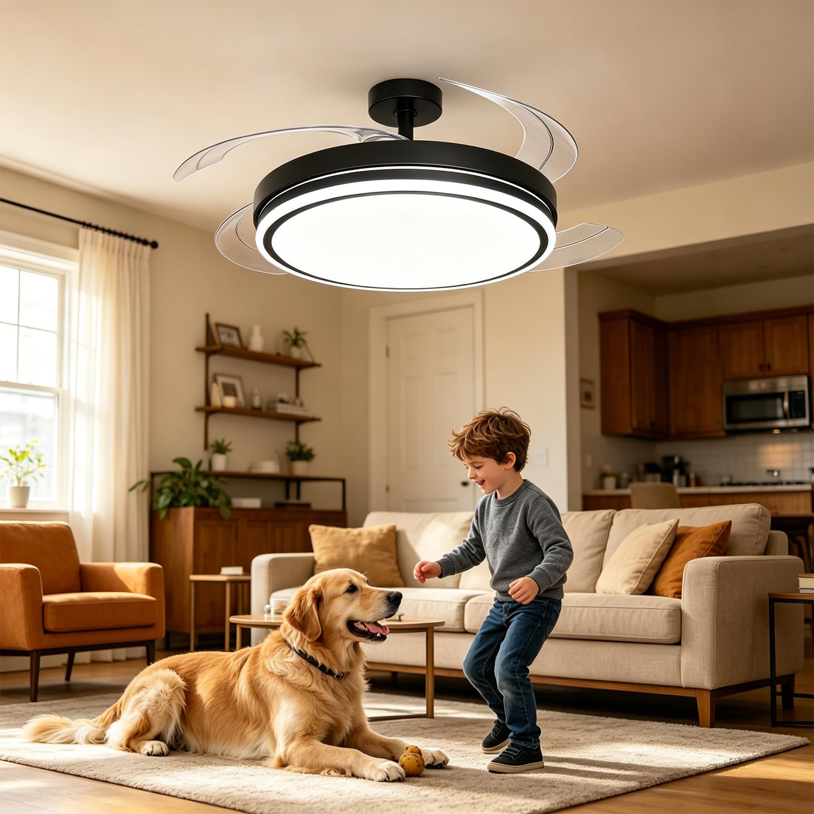 Ventilatore Soffitto Illuminazione LED 30W 3CCT 6500K/4500K/3500K 4094LM Dimmerabile 10%-100% 6 Velocità Timer Silenzioso per Soggiorno E Camera Letto Nero