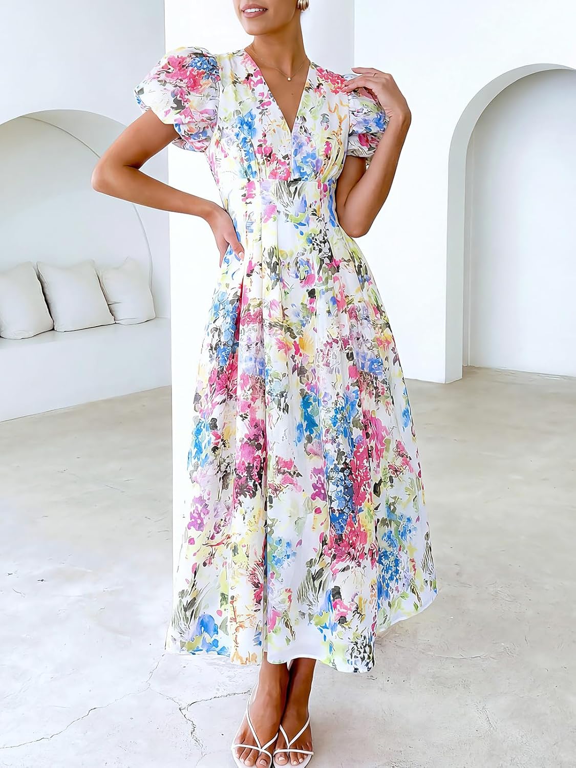 Womens V Neck Flutter Sleeve Boho Midi Dress Summer Wedding Guest Beach Party Long Dresses - Image 4