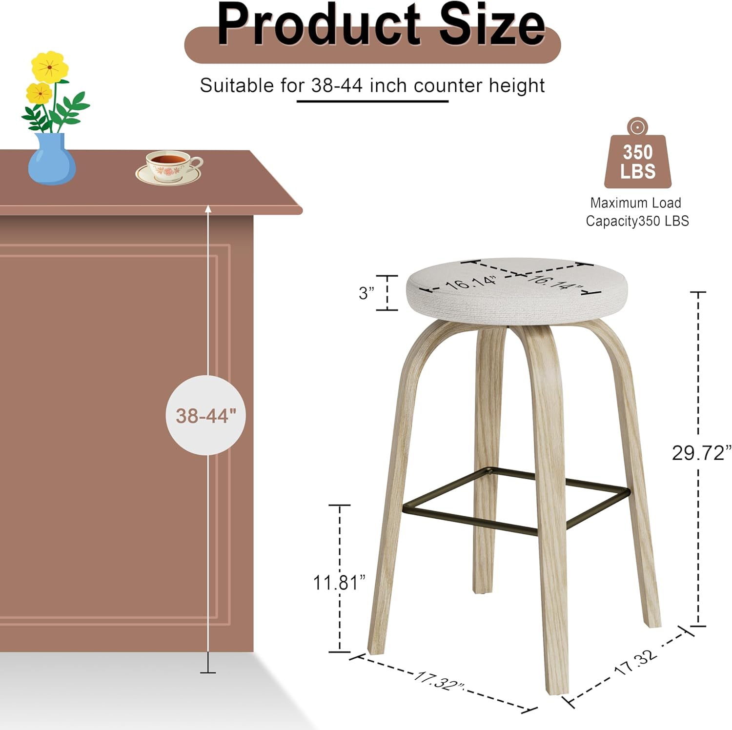 AILUNWALL Swivel Bar Stools Set of 2, Bar Height Backless 30? Bar Stool, Fabric Upholstered Seat, Sturdy Wood Legs and Metal Footrest, Mid-Century Modern Island Stool for Home Bars, Restaurants, Beige Beige 30 IN