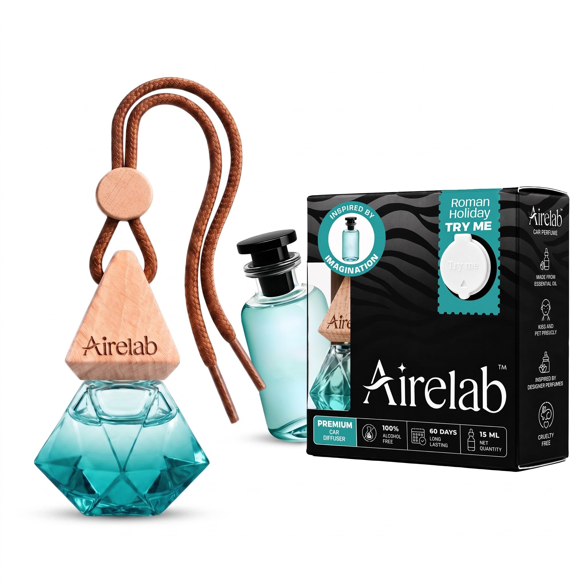 Car Air Freshener 15ml Refillable Perfume Oil with Hanging Wooden Diffuser Pod, Imágination Inspired Fragrance, Long Lasting Car Perfume, Up to 60+ Days