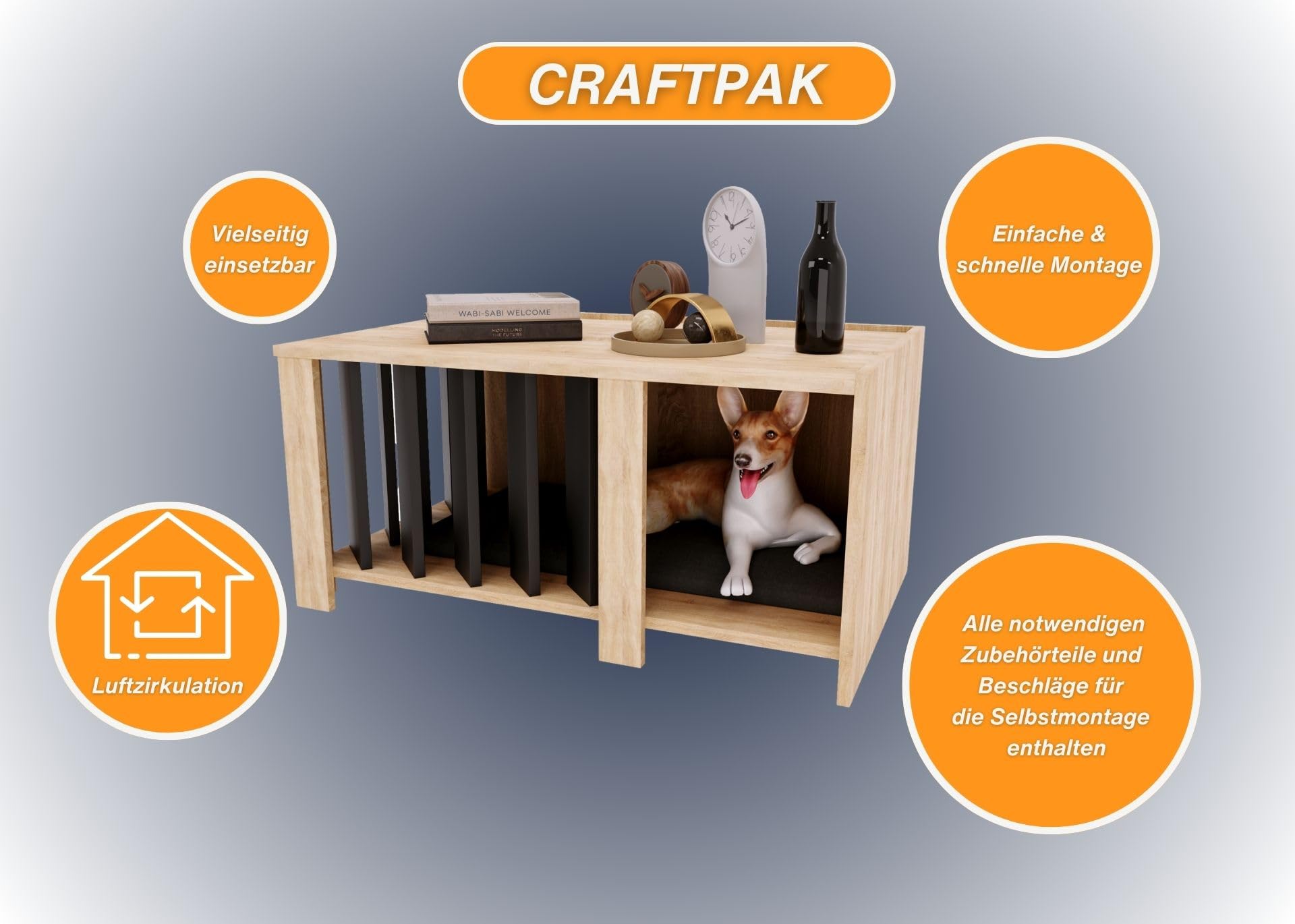 CraftPAK Hundehütte Indoor aus Holzwerkstoff – Hundehaus/Katzenhaus/Hundehütte für daheim im Möbelstil | großräumige Hundehöhle |Dog House Indoor Haustierhaus H45 x L92 x B58 cm - Beige