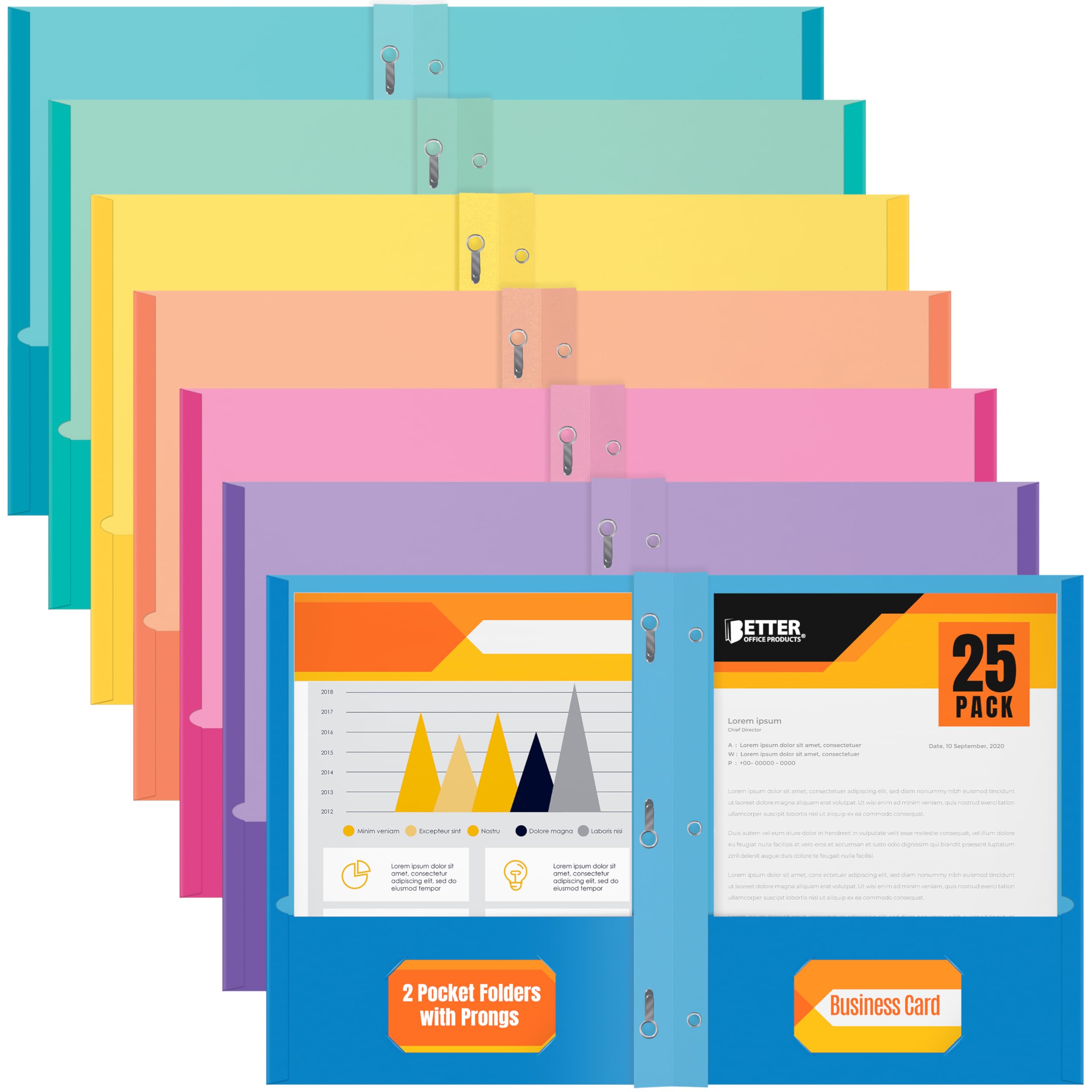 2 Pocket Folders, Assorted 7 Vibrant Colors with Complementing Interior Colors, Fits Letter Size Paper, for School, Office, Home (with Prongs, 50)