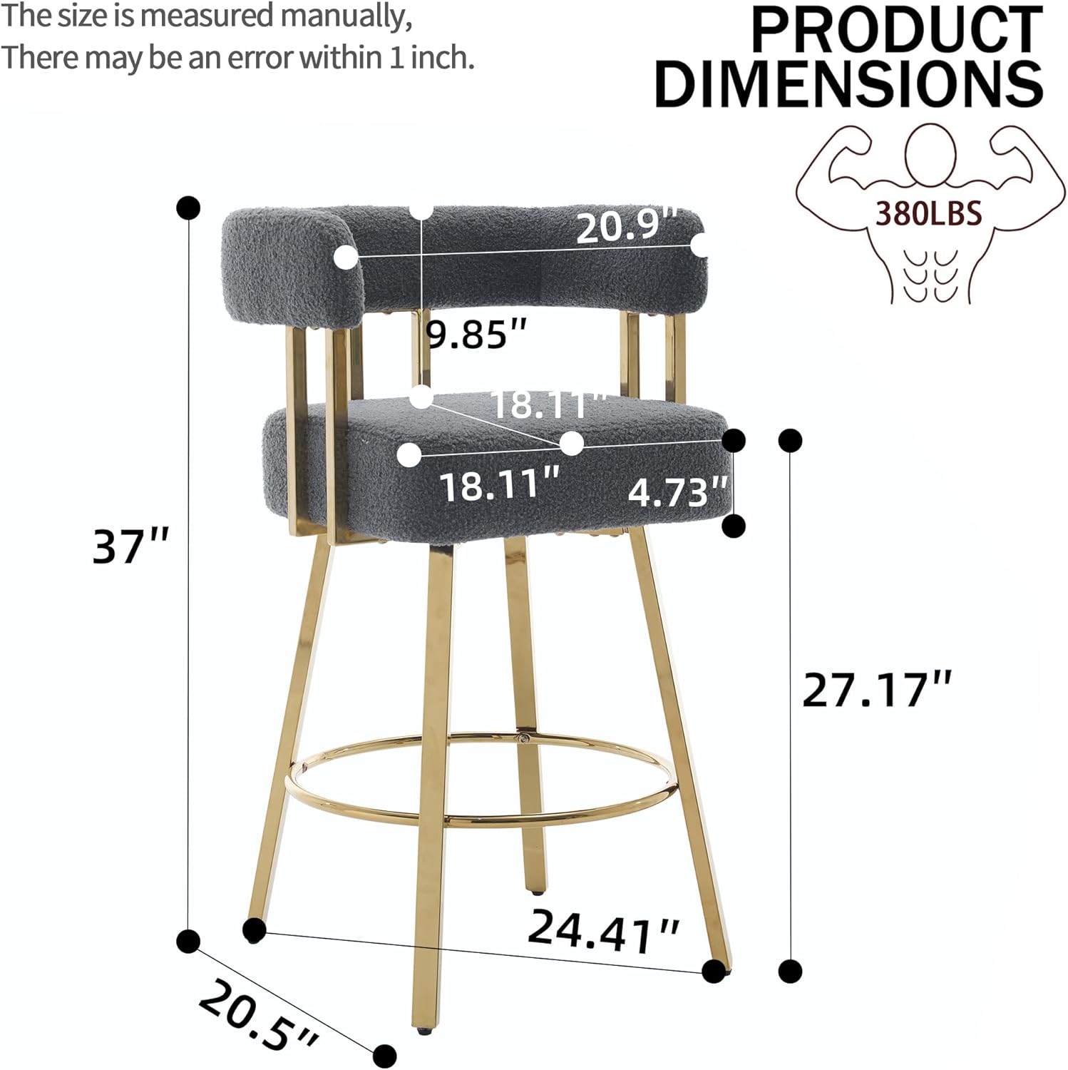 YITAI 27" H Counter Height Bar Chairs Set of 2, Modern Barrel Counter Bar Stools with Backrest and Arms, Gold Metal Legs, Teddy Velvet Upholstered Accent Barstools for Kitchen Island, Gray