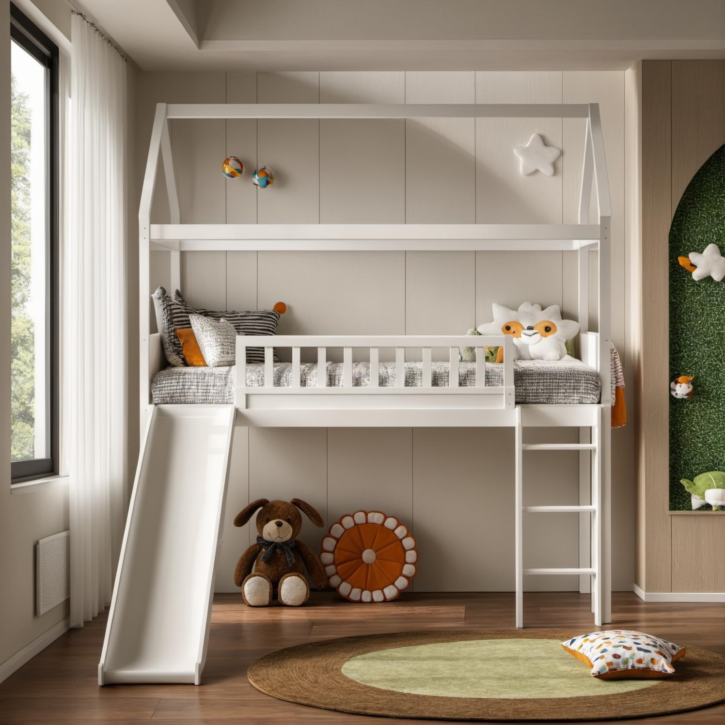 Full Size Loft Bed with Slide & Full-Length Guardrail for Kids, Teens, Girls, Boys,Solid Pine Wood Bed Frame w/Ladder,Save Space Design,No Box Spring Needed,White