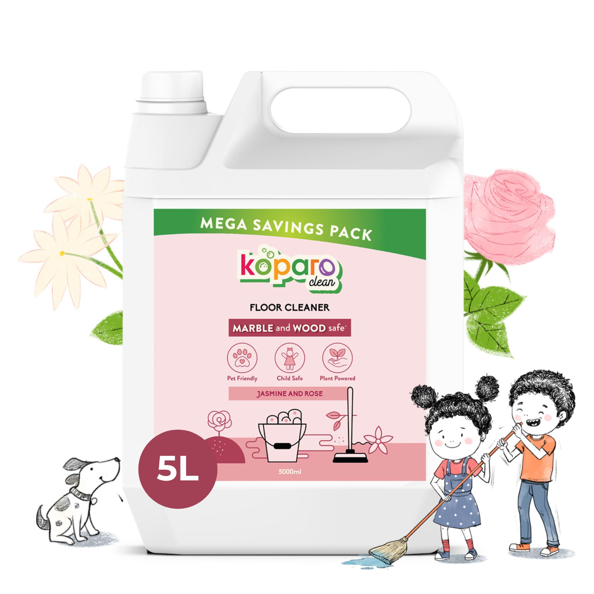 Koparo Natural Disinfectant Floor Cleaner Liquid | 5 Litres | Jasmine Fragrance | Tile & Marble Cleaner | Eco-friendly & Non-Toxic | Skin Safe, Baby Safe & Pet Friendly