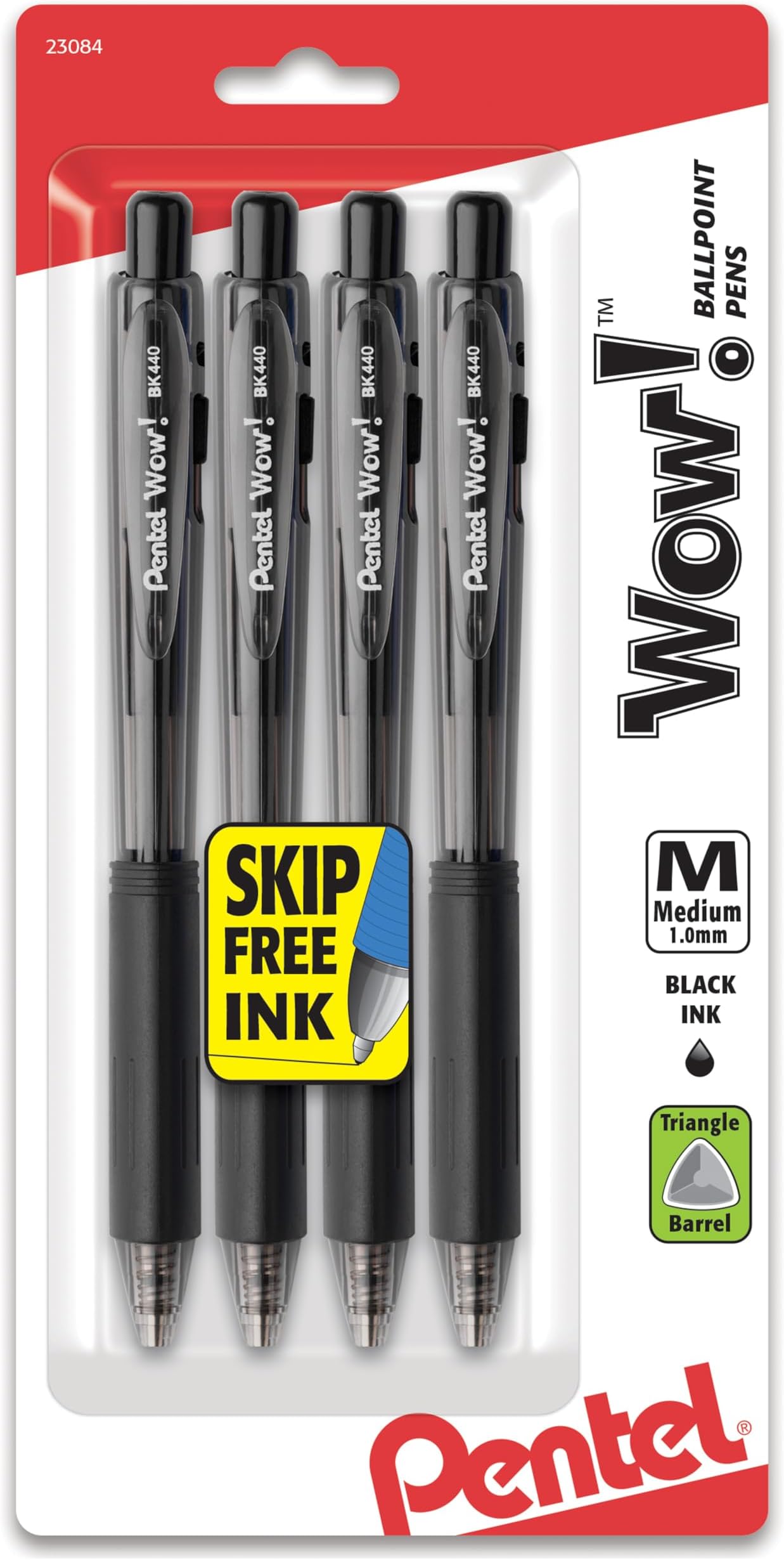 Pentel WOW! Retractable Ballpoint Pens, Medium Line, Black Ink, 4 Pack (BK440BP4A)
