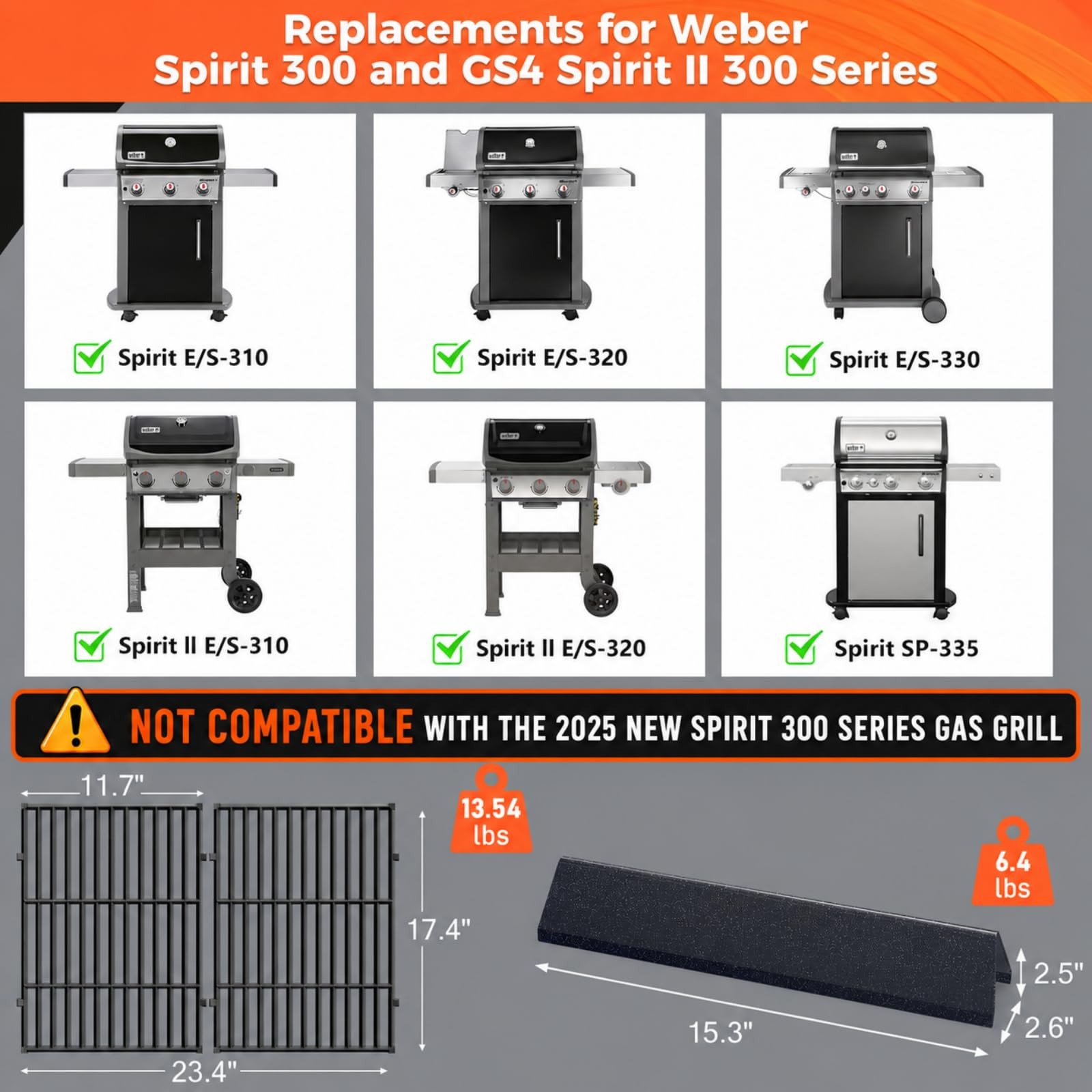 QuliMetal Flavorizer Bars & grilles pour Weber Spirit E-310/320/330/315 GS4 Spirit II E-310/S-310/E-330 (Commandes frontales), pièces Acier émaillé pour Weber 7636/7638/7639