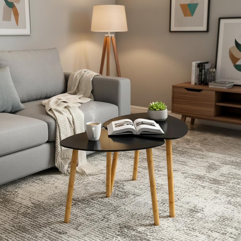 Modern Wooden Nesting Side Table Set of 2 for Living Room | Space Saving Sofa Side Table | Bedside End Table | Multipurpose Accent Tables for Home Bedroom Office (Black, Nesting)