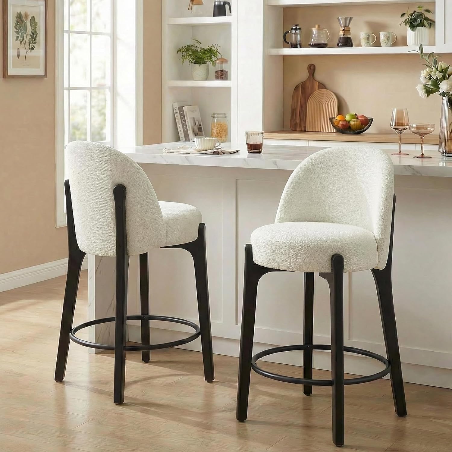 keoni 26'' Counter Height Bar Stools Set of 4, Upholstered Bar Stools with Black Wood Legs and Footrest, Mid Century Modern Counter Stools with Back for Kitchen Island and Bar, Beige