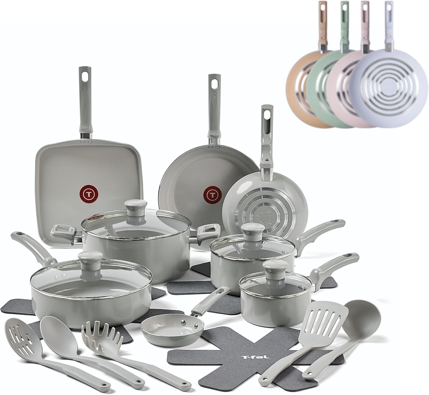 T-Fal Refresh Ceramic Pots and Pans Set, 20-Piece Nonstick Cookware Set, Stockpot, Griddle, Frying Pans, Utensils, Moon Grey
