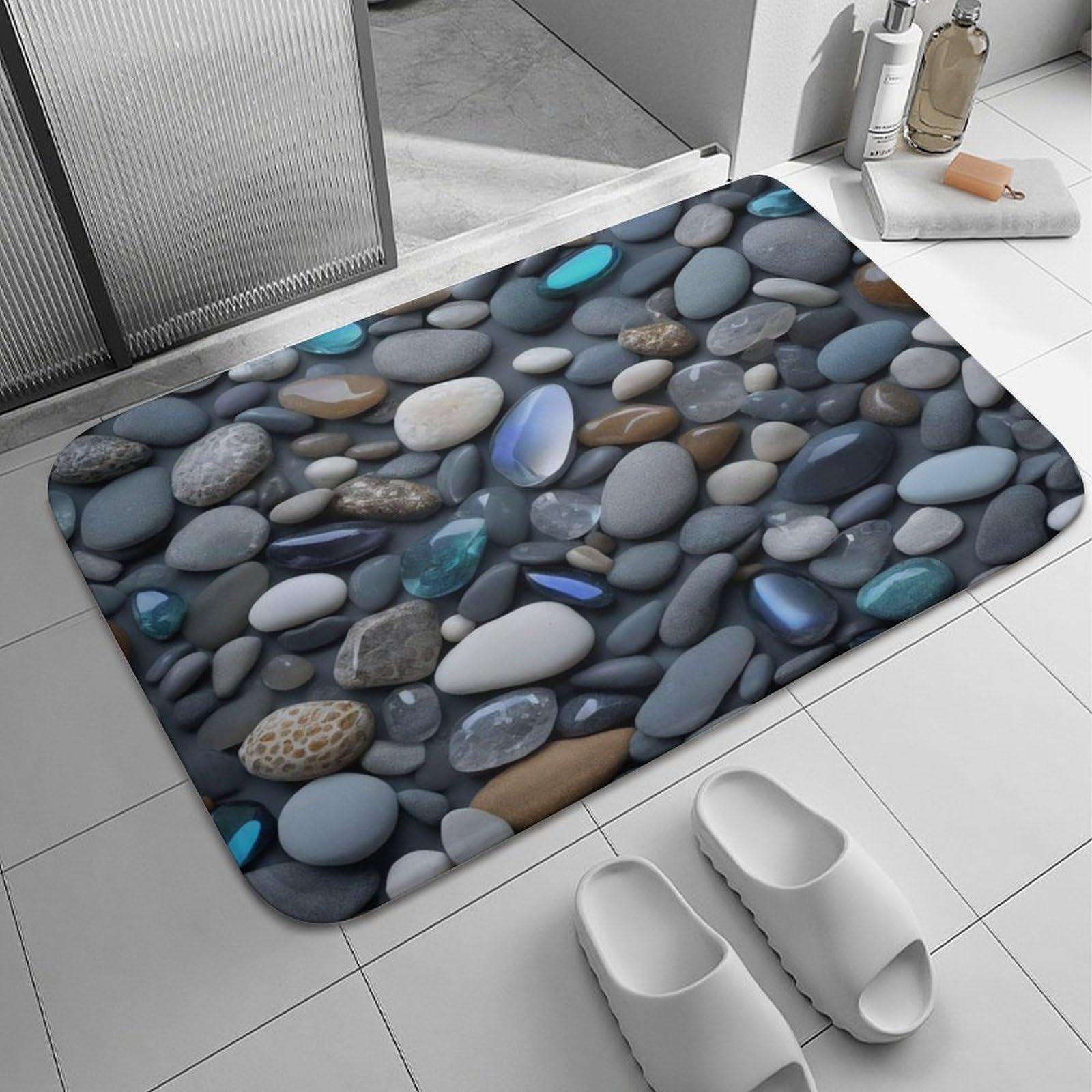 Pebble Stone Cobblestone Bath Mat for Bathroom Absorbent Bath Mat Rugs, Non Slip Rubber Backing Floor Mat 18x30Inch