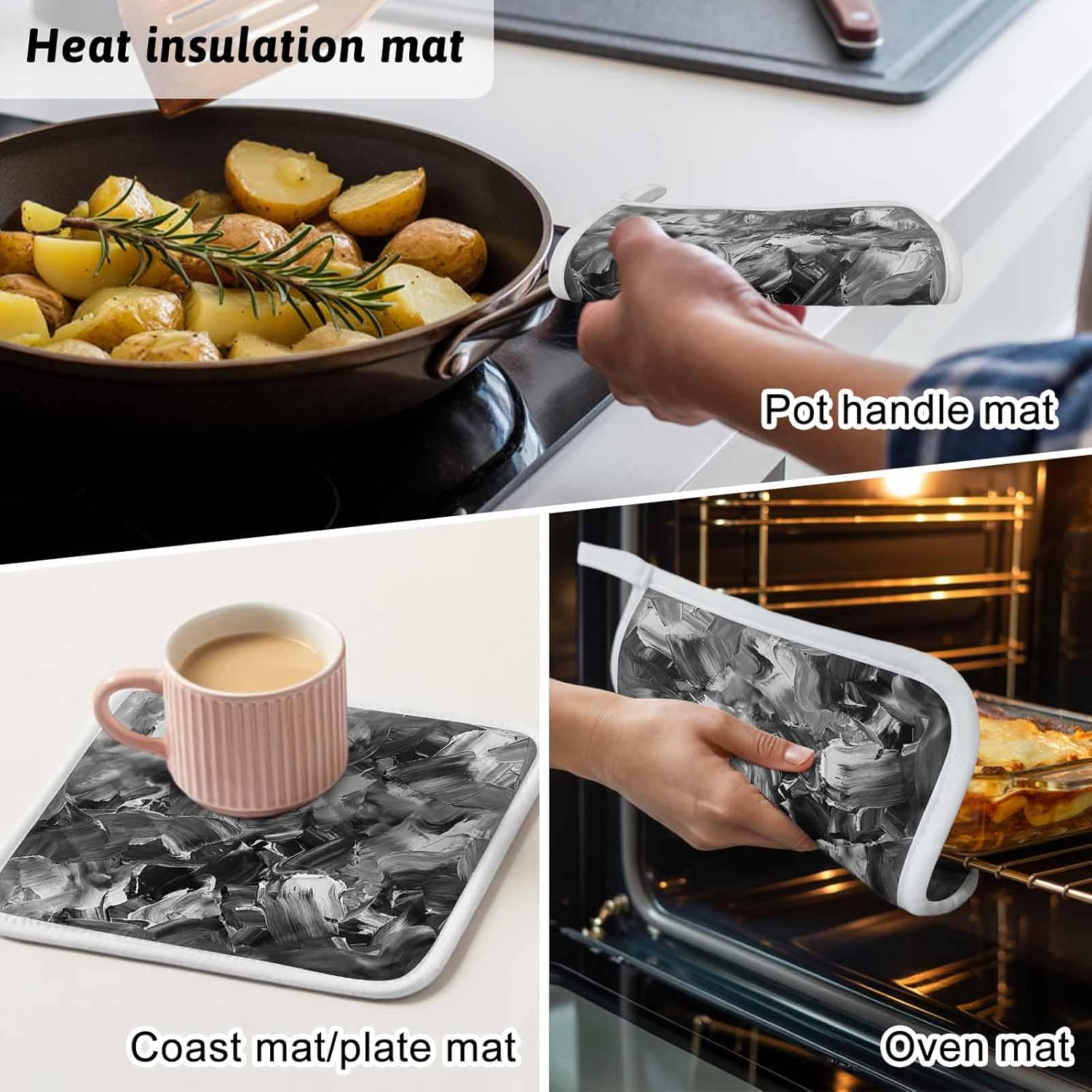 Abstract Geometric Pot Holders for Kitchen Heatproof Potholder, 5 Pack Vintage Shabby Black Grey Hot Pads Multipurpose Oven Pads Cloth Potholders Trivet for Cooking Baking
