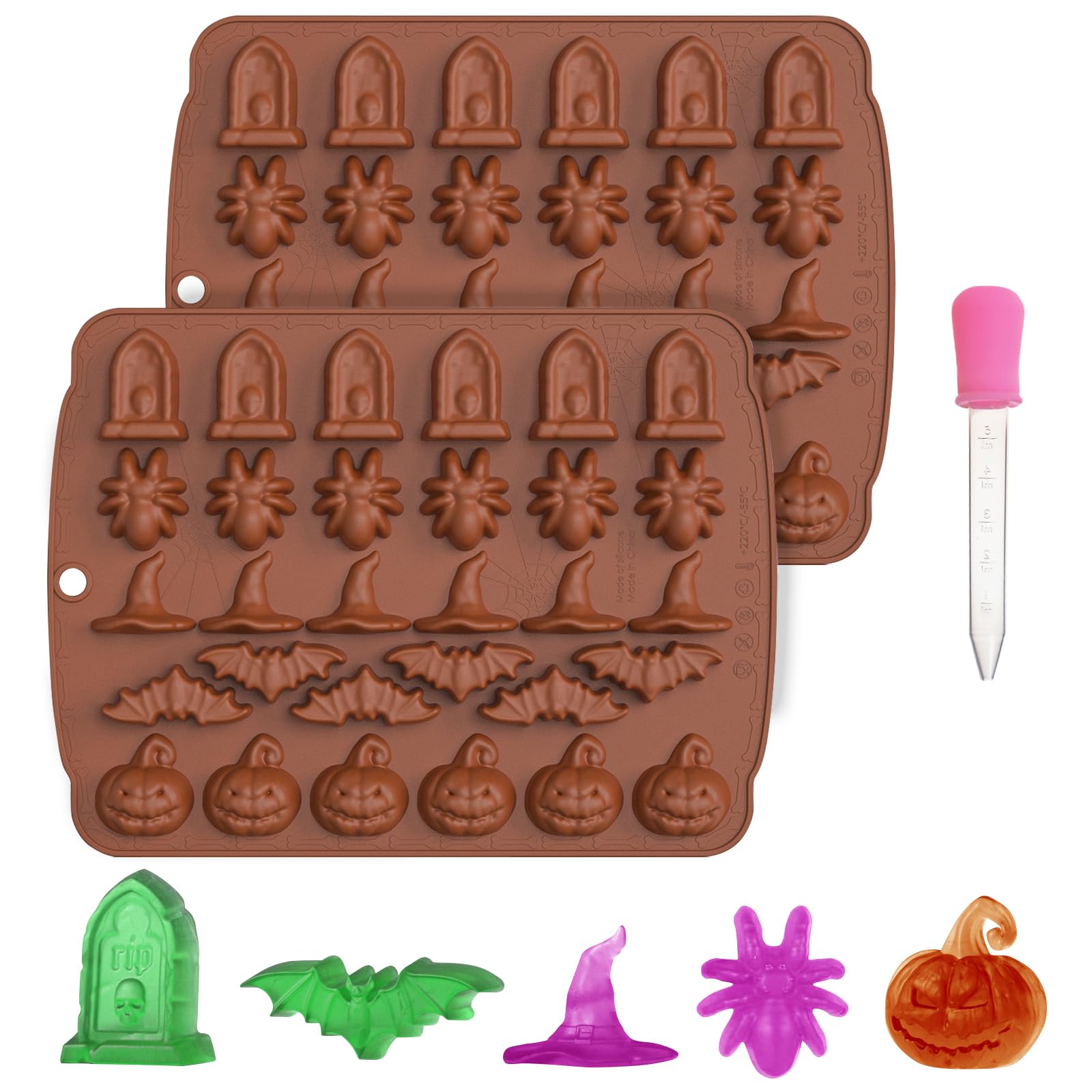 Halloween Silikonformen Set – 2 Formen Mit Kürbis, Grabstein, Spinne, Fledermaus & Hexenhut Für Süßigkeiten