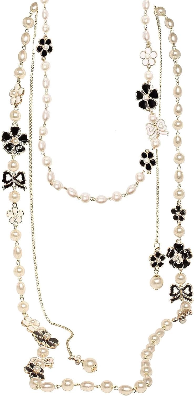 Fashion Jewelry Elegant Layered Pearl Necklace for Women Statement with Designer-Inspired Flower Bow Charms for Party or Everyday Look