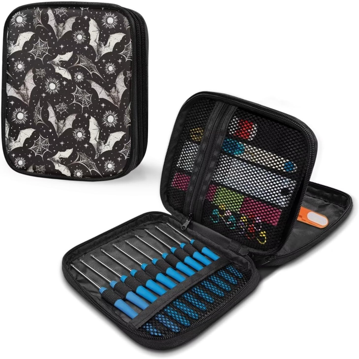 Bats Halloween Crochet Hook Case Lightweight Crochet Storage Organizer with Web Pockets Comfortable for Halloween