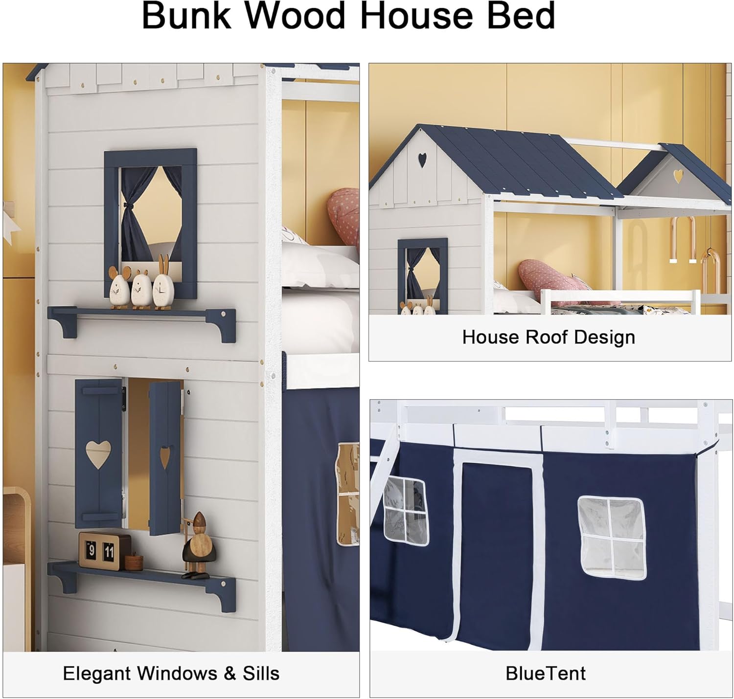 Close-up of Linique Bunk Bed features: roof, windows, tent