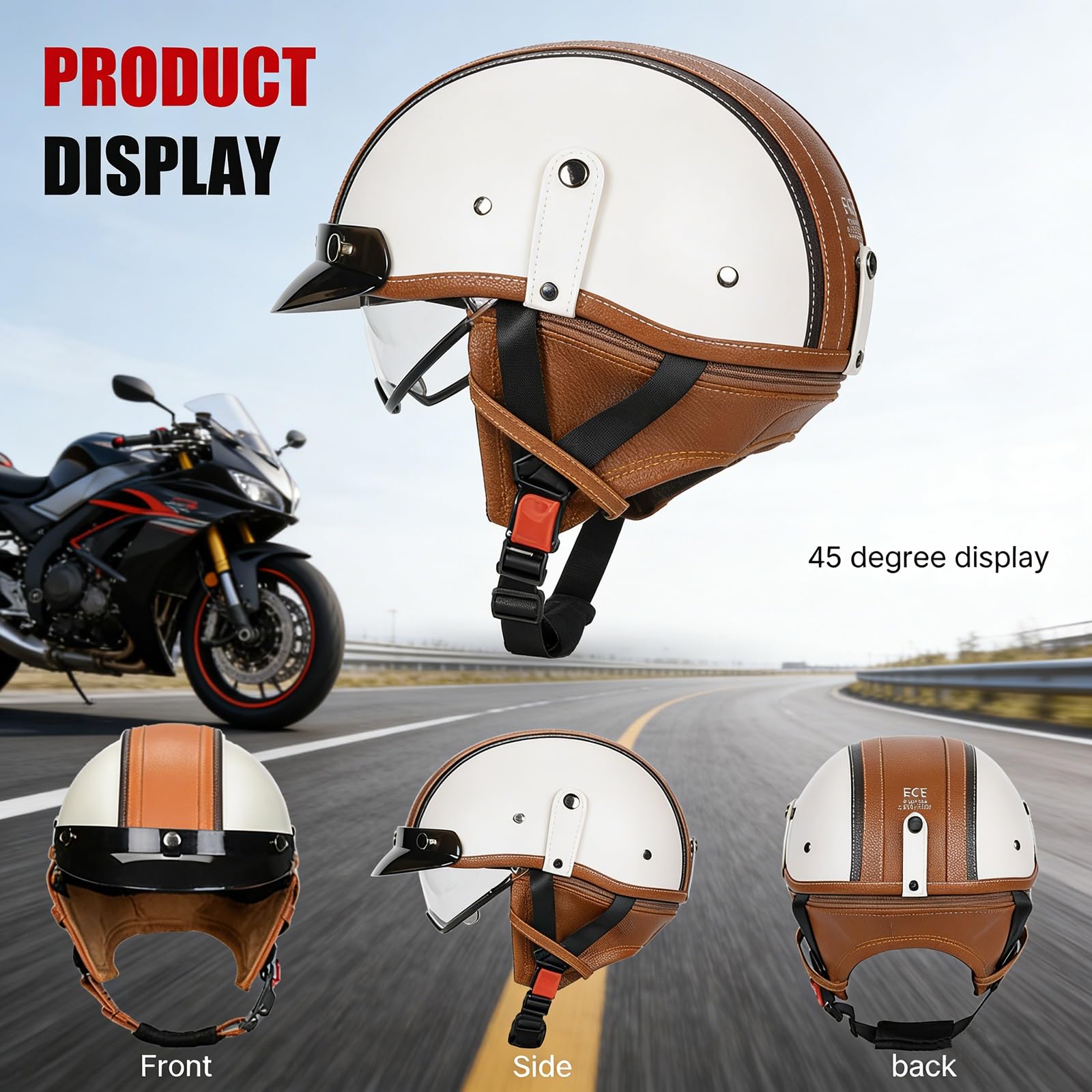 Półkask Motocyklowy Retro Niemiecki, ECE-Certyfikowany Otwarty Półkask z Wizjerą Słoneczną, Unisex dla Skuterów, Motocykli, Cruiserów, Choppers