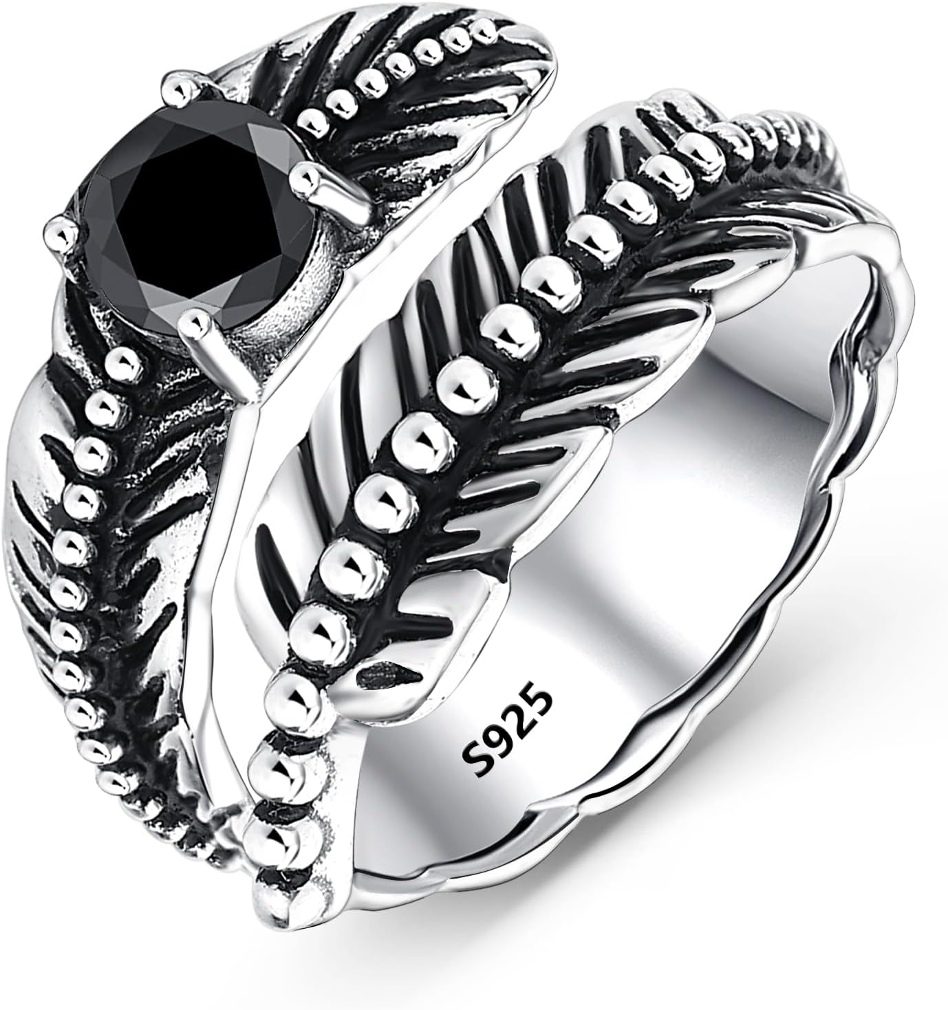 Sterling Silver Feather Ring with Black Onyx & Turquoise - Adjustable Stacking Vintage Statement Ring for Women & Men