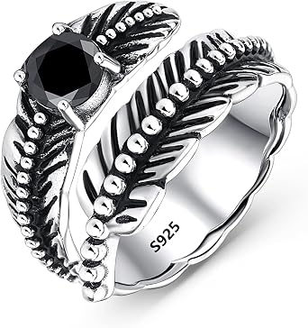AVECON 925 Sterling Silver Ring Feather Ring Feather Ring Black Onyx Ring Feather Turquoise Ring Adjustable Feather Ring Stacking Ring Vintage Statement Ring for Women Men