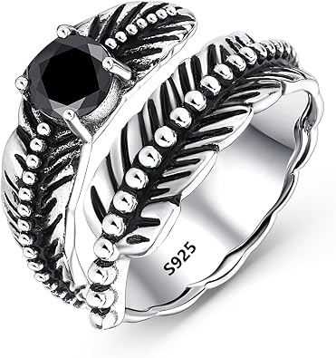AVECON Sterling Silver Feather Ring with Black Onyx & Turquoise - Adjustable Stacking Vintage Statement Ring for Women & Men