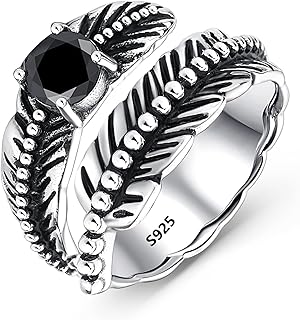 Sterling Silver Feather Ring with Black Onyx & Turquoise - Adjustable Stacking Vintage Statement Ring for Women & Men
