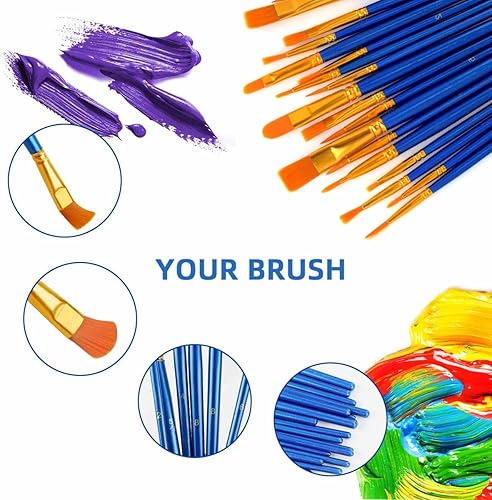 Miniatura 2 de Juego de 20 pinceles de pintura para aceite acrílico, acuarela, planos y redondos, para pintura lavable, pintura artística, pinceles pequeños a