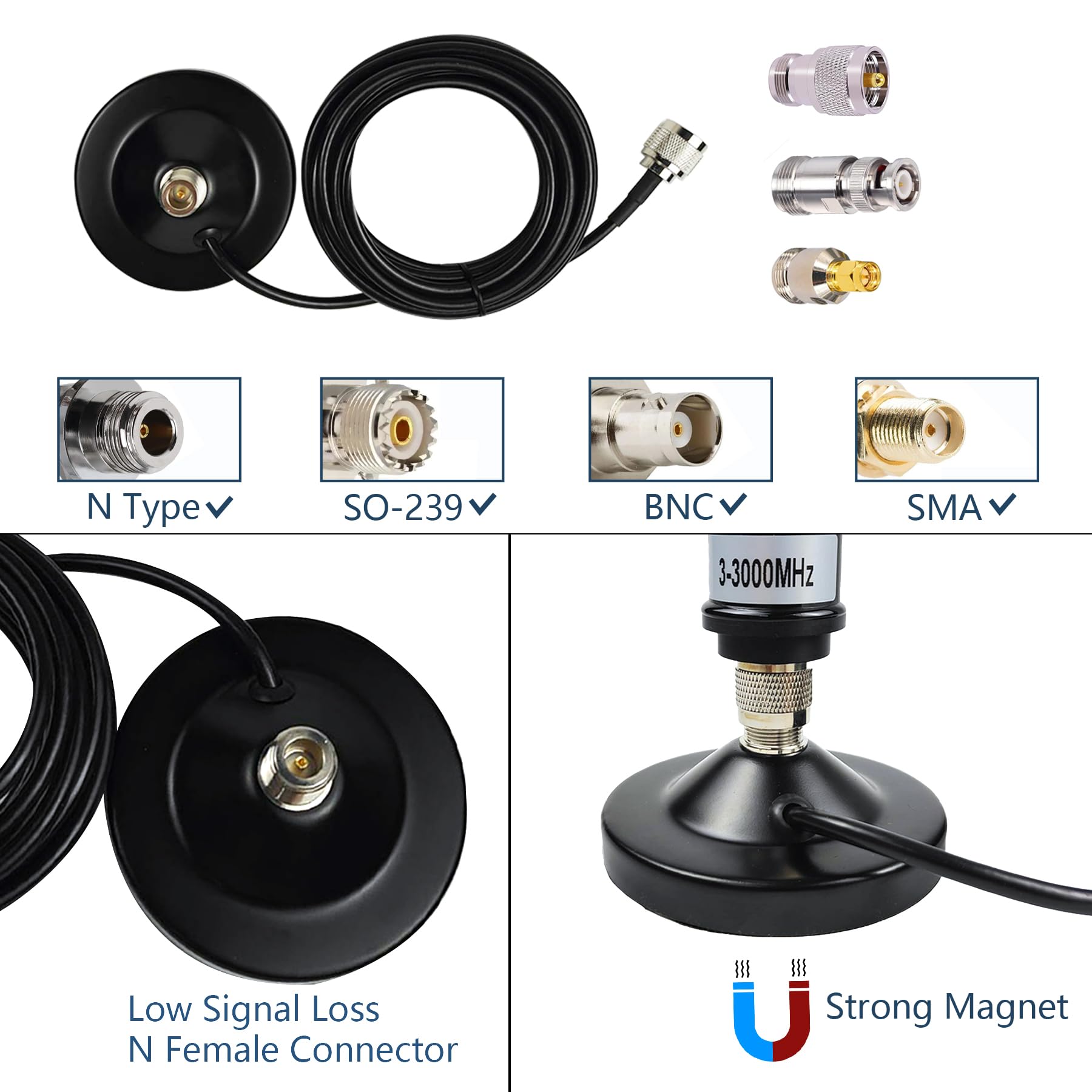 Antena de escáner de escritorio con soporte magnético, conector N macho de 13 pies con adaptadores BNC SMA SL16 para radio de coche, camión, VHF, UHF, FM, SDR, banda ancha, móvil, uso interior y