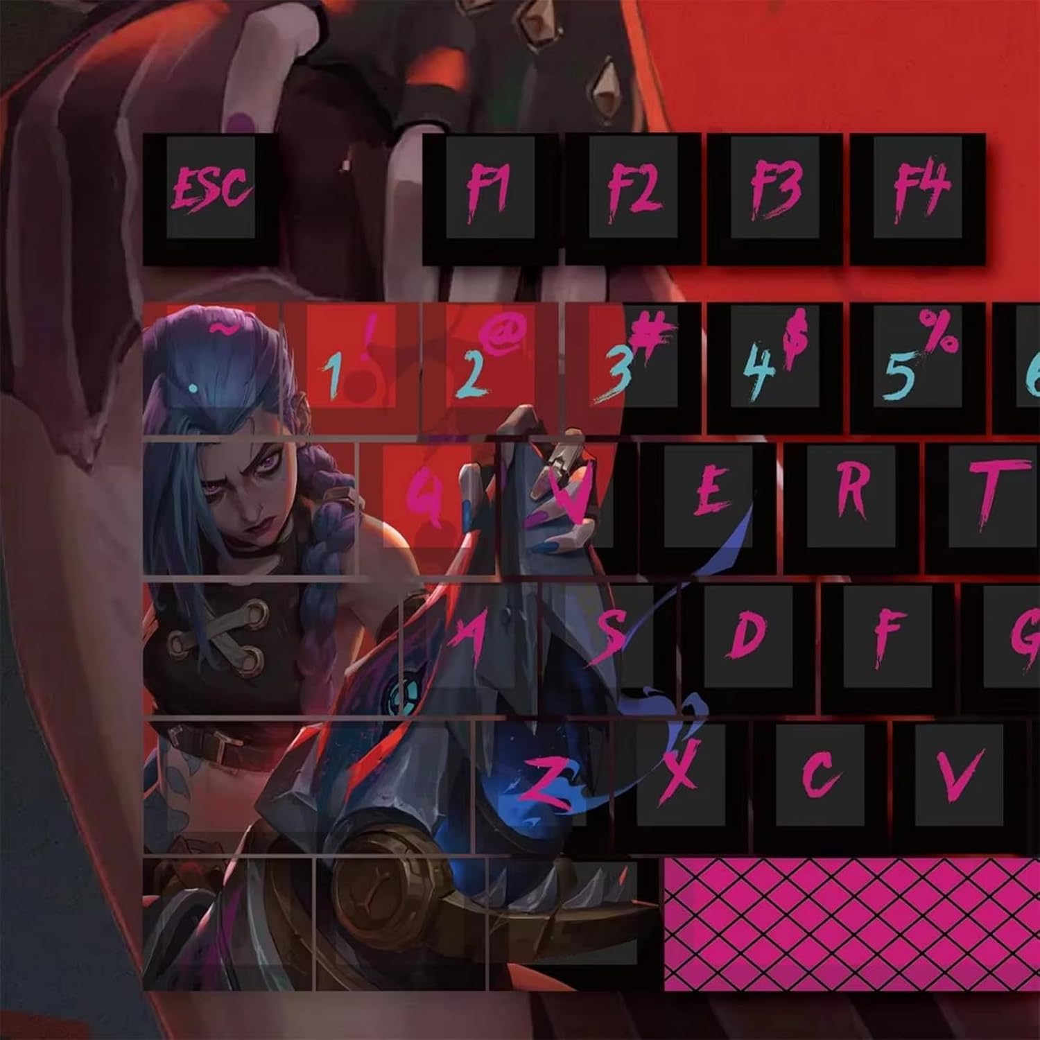 108 Keys Game LOL Jinx Keycap Mechanical Keyboard Set Light Transmission Heat Sublimation PBT Anime Keycaps for Most Wired Keyboards