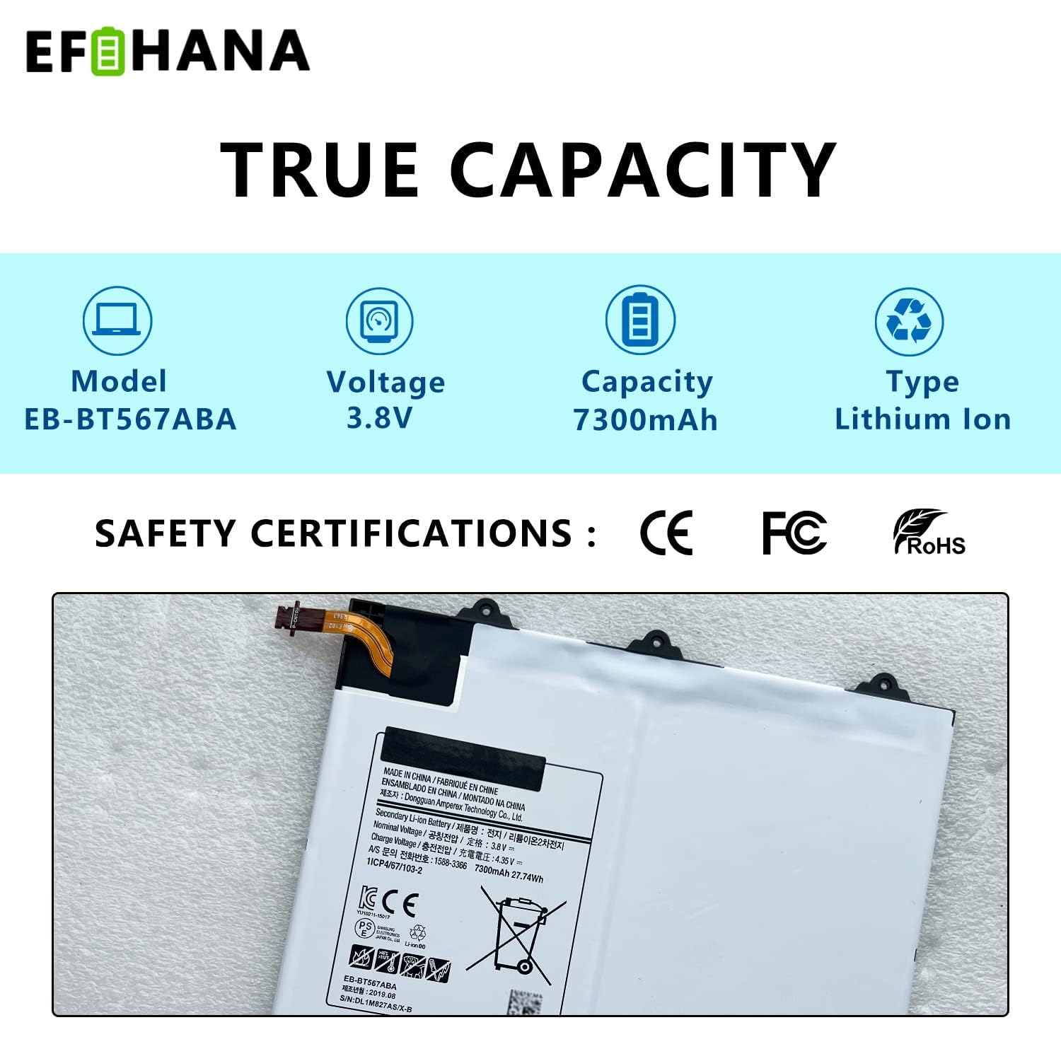 EB-BT567ABA Laptop Battery for Samsung Galaxy Tab E 9.6 XLTE SM-T567 SM-T567V T560 SM-T560NU EB-BT567ABA GH43-04535A Series Notebook 3.8V 7300mAh 27.74Wh with Tools