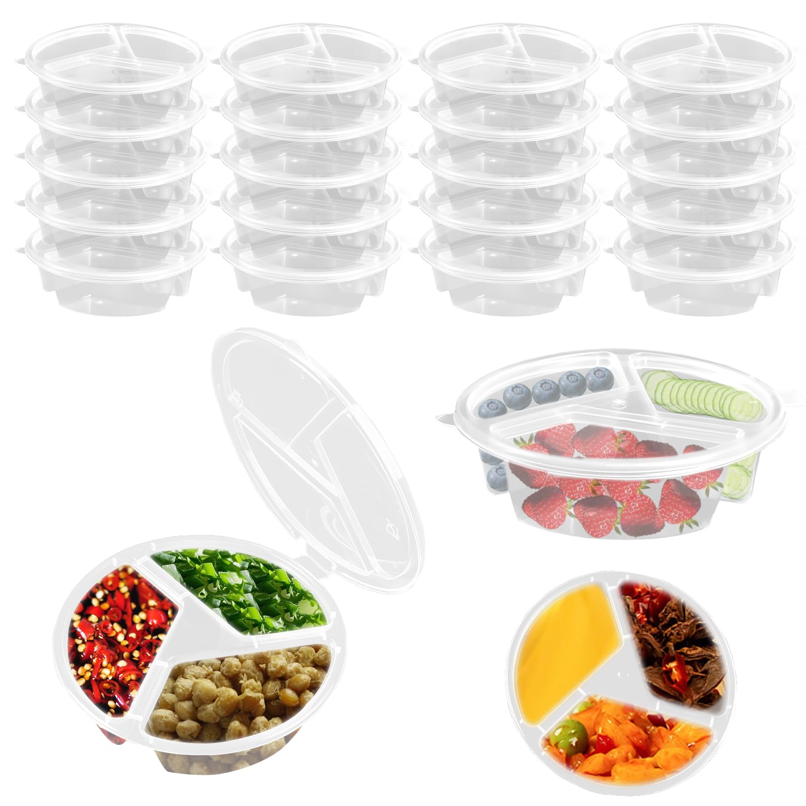 VEINARDYL 20 Stück 3-Fach Gewürzbehälter, Wiederverwendbare Snack-Behälter mit Deckel Kleine Snackbox (140 ml) Soßenbecher Für unterwegs, Mahlzeiten im Freien und Partys