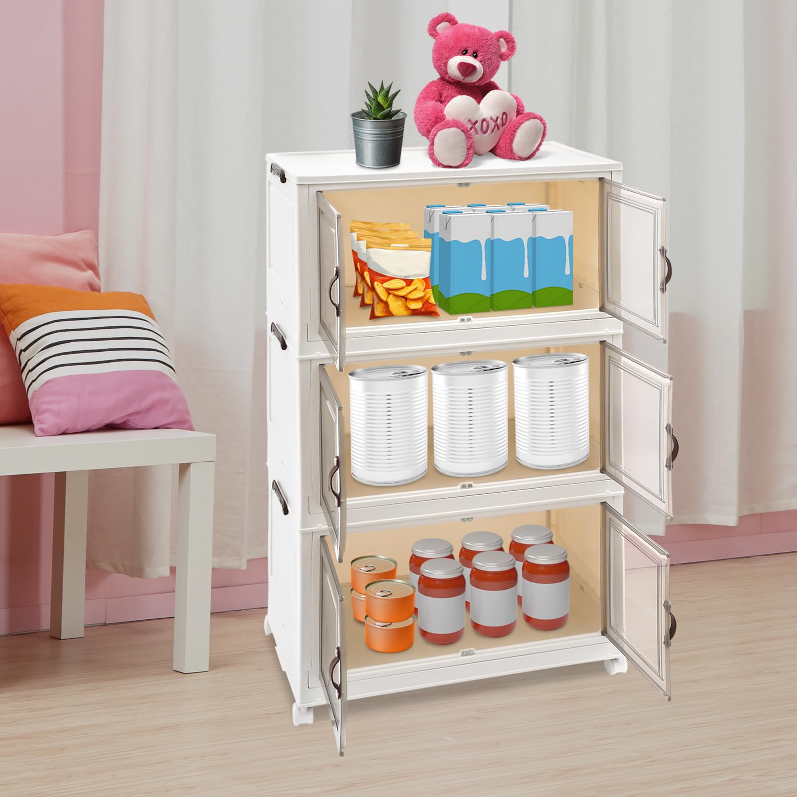 Lagerschränke faltbare Lagerbehälter Aufbewahrungsbox 3PCS Stapelbare Kunstoffboxen Aufbewahrungsbehälter Tragfähigkeit 30Kg, 65 * 42 * 110.5cm mit Rädern - Weiß