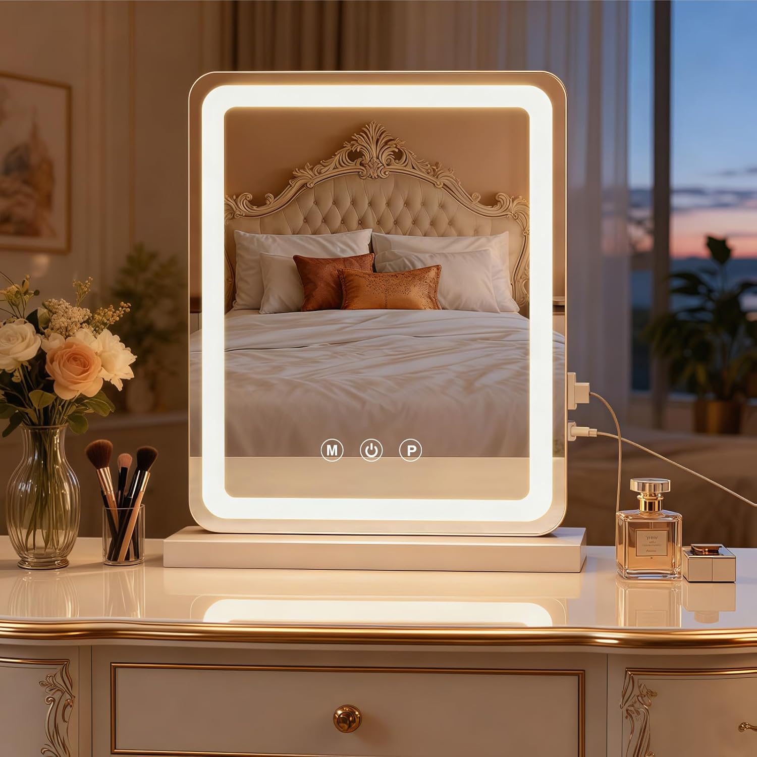Vanity Mirror with Lights, LED Makeup Mirror with 3-Color Dimmable Lighting, Smart Touch Control, Memory Function, Tabletop Lighted Mirror for Bedroom, Dressing Room