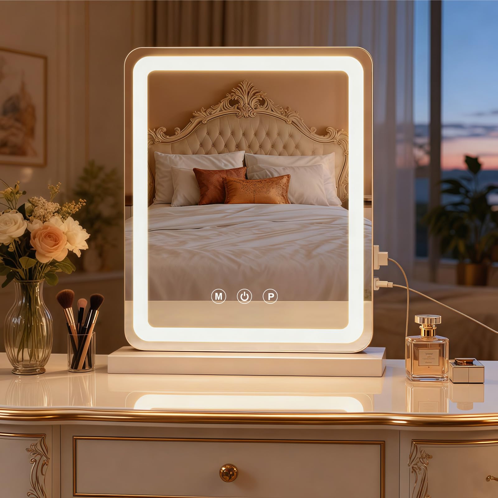 Lusterko do makijażu LED z oświetleniem 33 x 43 cm z funkcją ściemniania, 3 kolory, inteligentne sterowanie dotykowe, funkcja pamięci, podświetlane lustro stołowe do