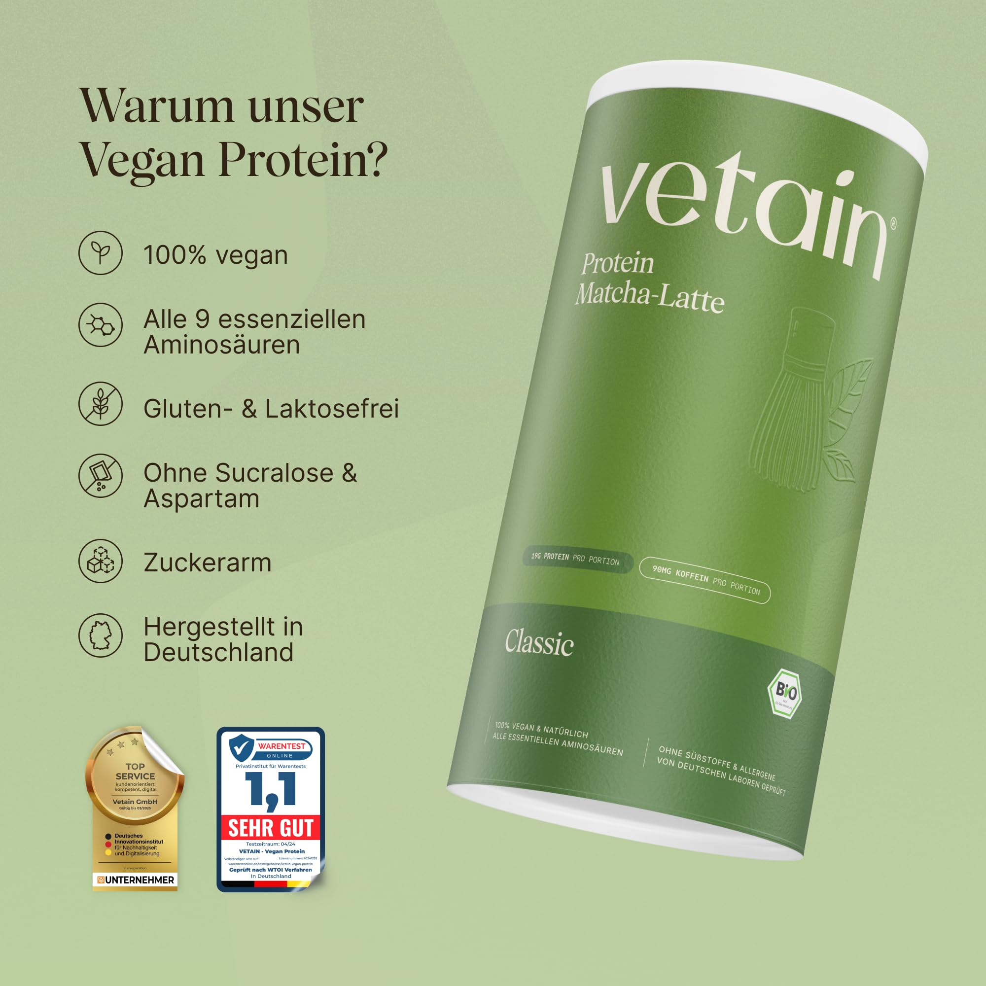 VETAIN Matcha Set - Vegan Protein Pulver Matcha (600g) + Trinkglas mit Bambusdeckel (250ml) - inkl. Glasstrohhalm - Fünf Premium Protein Quellen - Ohne Allergene & Süßungsmittel