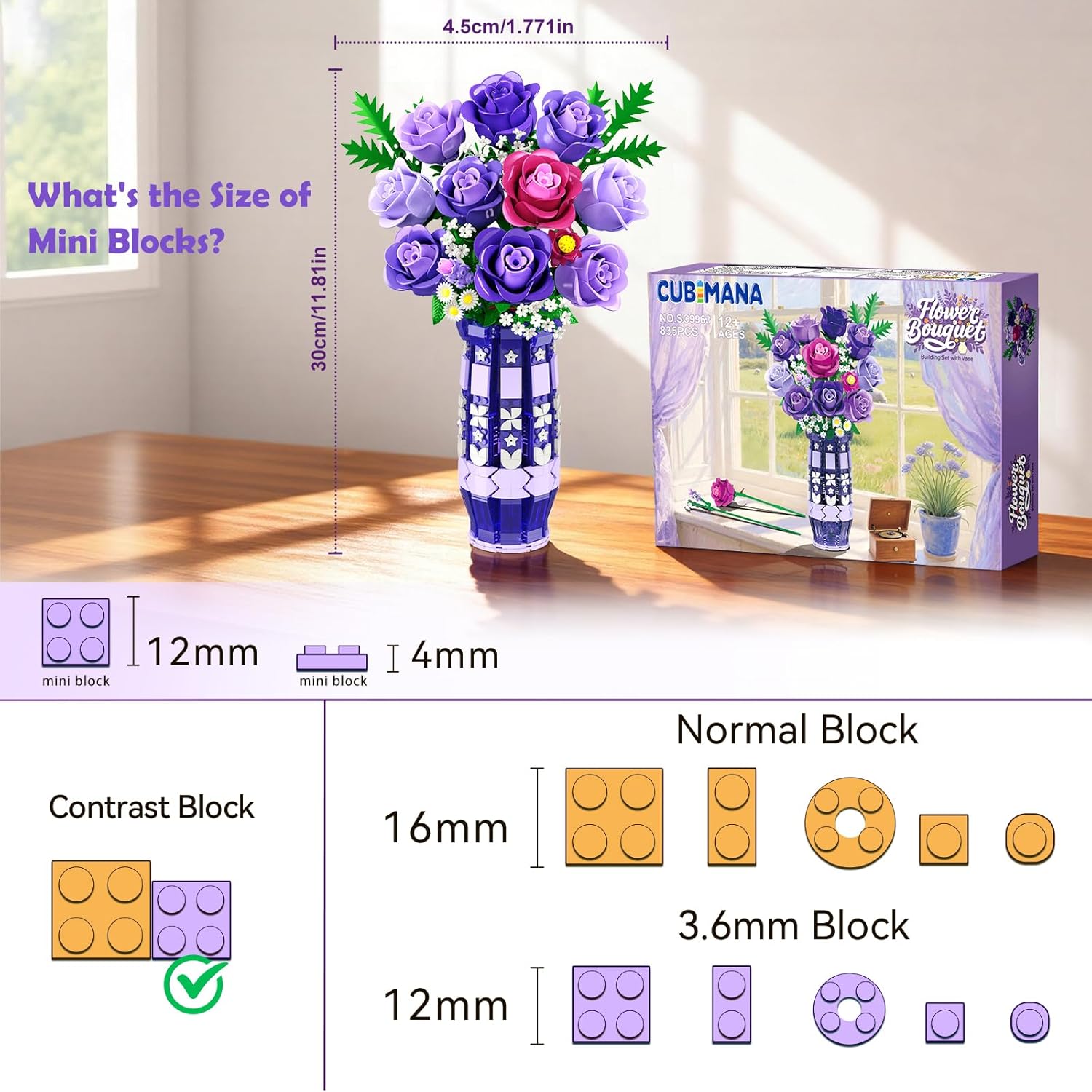 Purple Roses Flowers Building Set with Vase & LED Light, 17 Mini Flowers Bouquet Building Blocks Toy for Adults, Artificial Flowers for Home Office Decor & Display, Gifts for Women & Men - Image 4