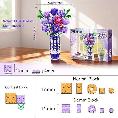 Miniatura 4 de Juego de construcción de flores de rosas moradas con jarrón y luz LED, 17 mini ramos de flores de bloques de construcción, flores artificiales para