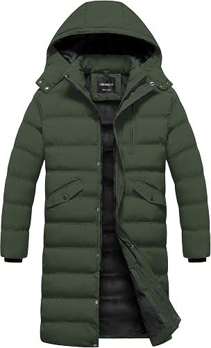 CREATMO US Mens Bubble Jacket Long Puffer Coat Men's Waterproof Thicken Warm Winter Coats Thicken Padded Parka with Removable Hood Army Green S