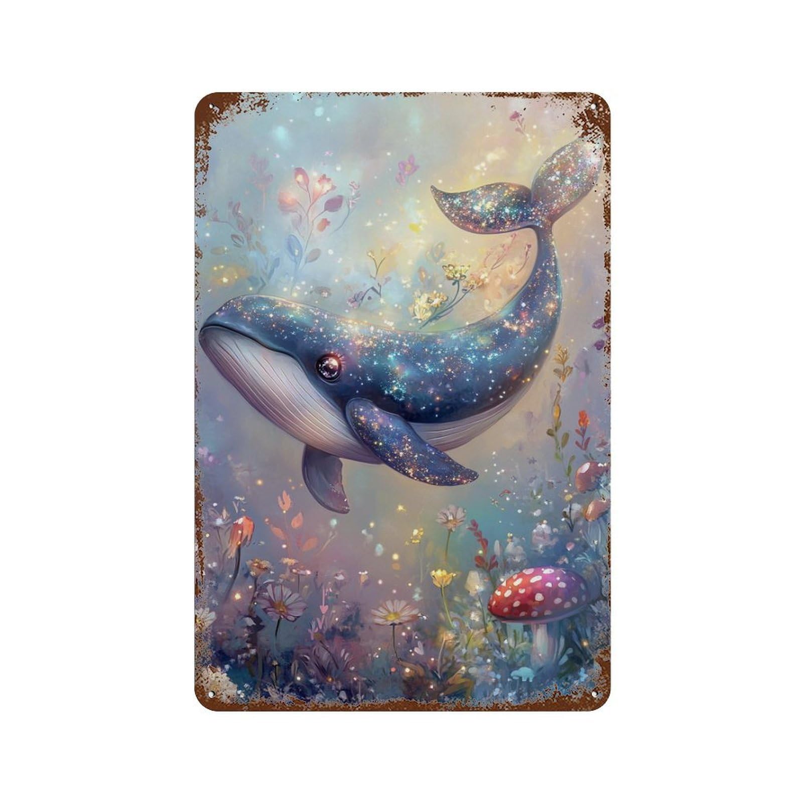 Whale in Fantasy Garden Aged Metal Wall Plaque 11.8"x7.9", for Garage, Bar And Workshop Decor, Farmhouse Wall Decor