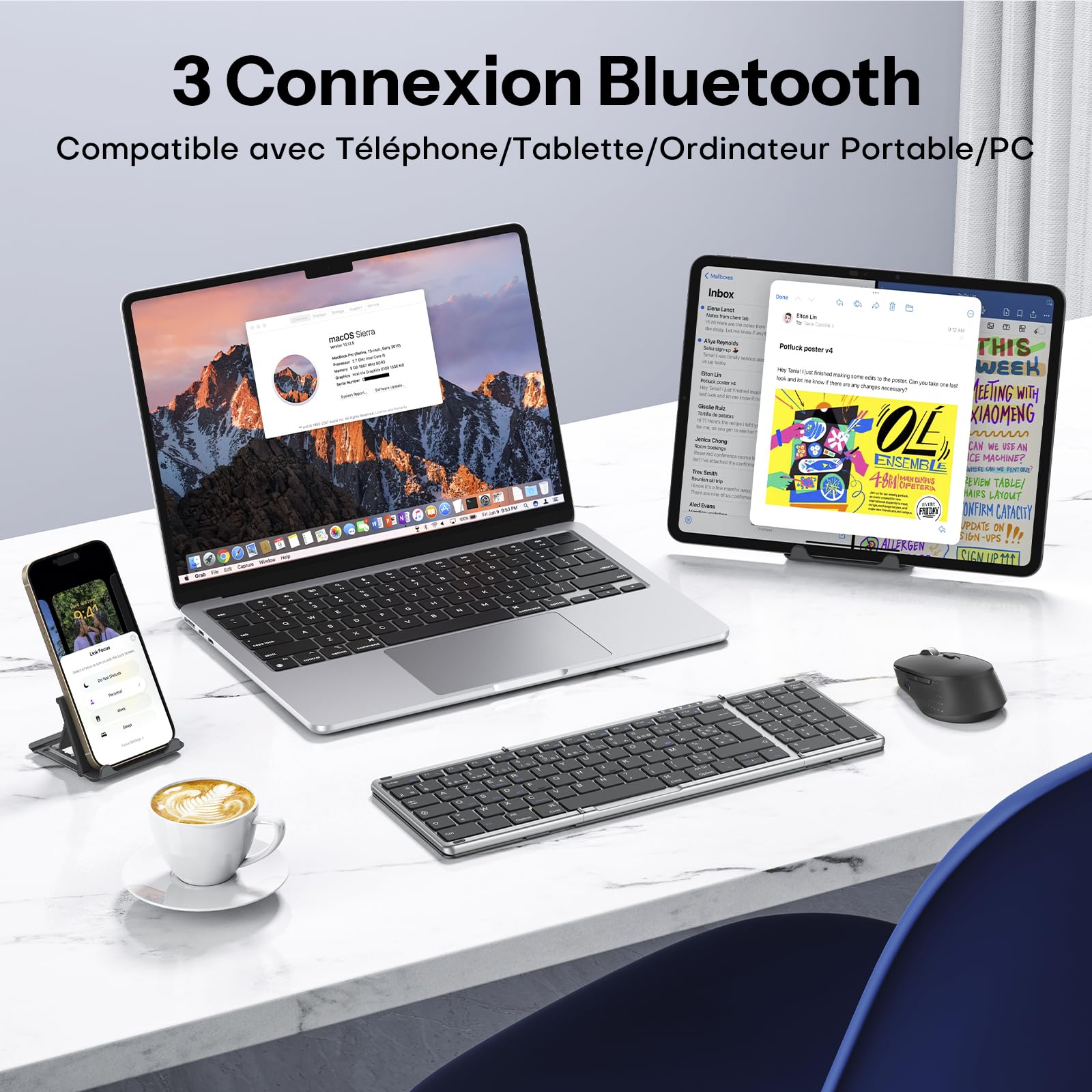OMOTON Tastiera e mouse wireless pieghevole con tastierino numerico, tastiera bluetooth AZERTY ricaricabile, full-size portatile Keyboard per Android Windows iOS Mac iPad Tablet PC - grigio siderale