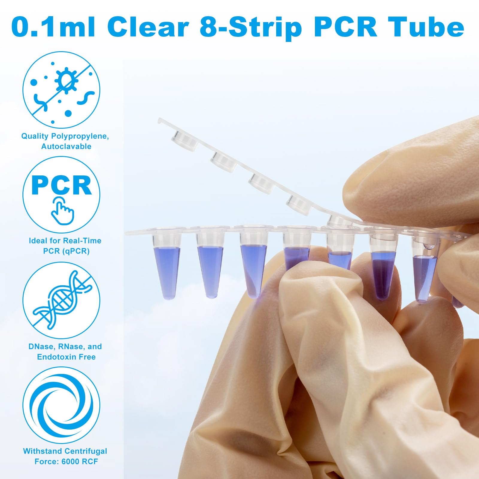 Tubes PCR à 8 bandes de 0,1 ml, tubes transparents à paroi mince avec bouchons plats, sans DNase/RNase 125 bandes