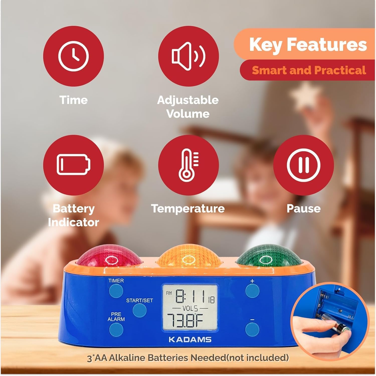 KADAMS Visual Timer K512-3 highlighting key features including battery compartment
