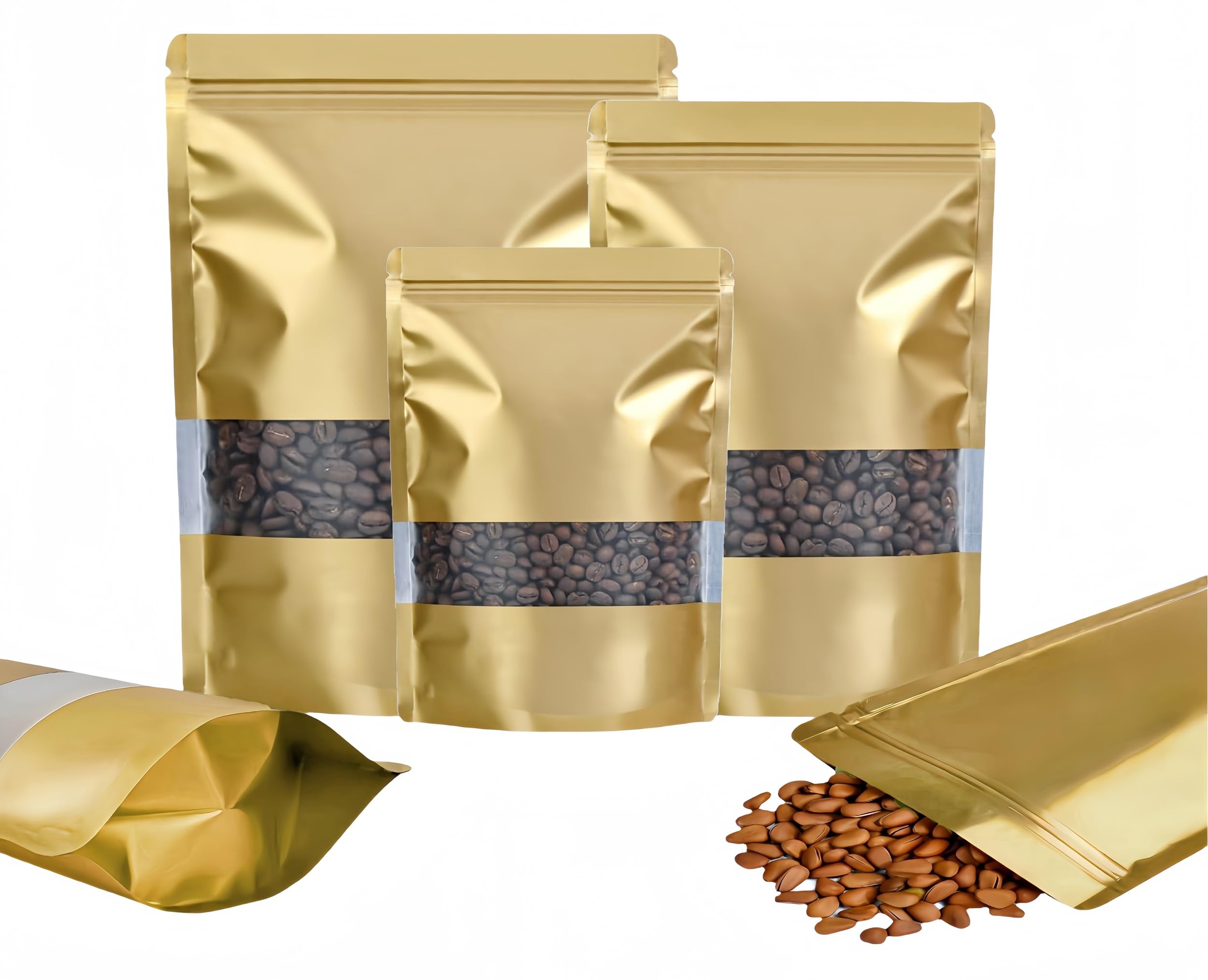 Rimiko 50pcs Resealable Stand up Foil Pouches with Clear Window, Zipper Aluminum Ziplock Bags, Mylar Bags for Food Storage, Colorful Matte Packaging for Candy Coffee Beans (Golden, 6.3"x 9.5")