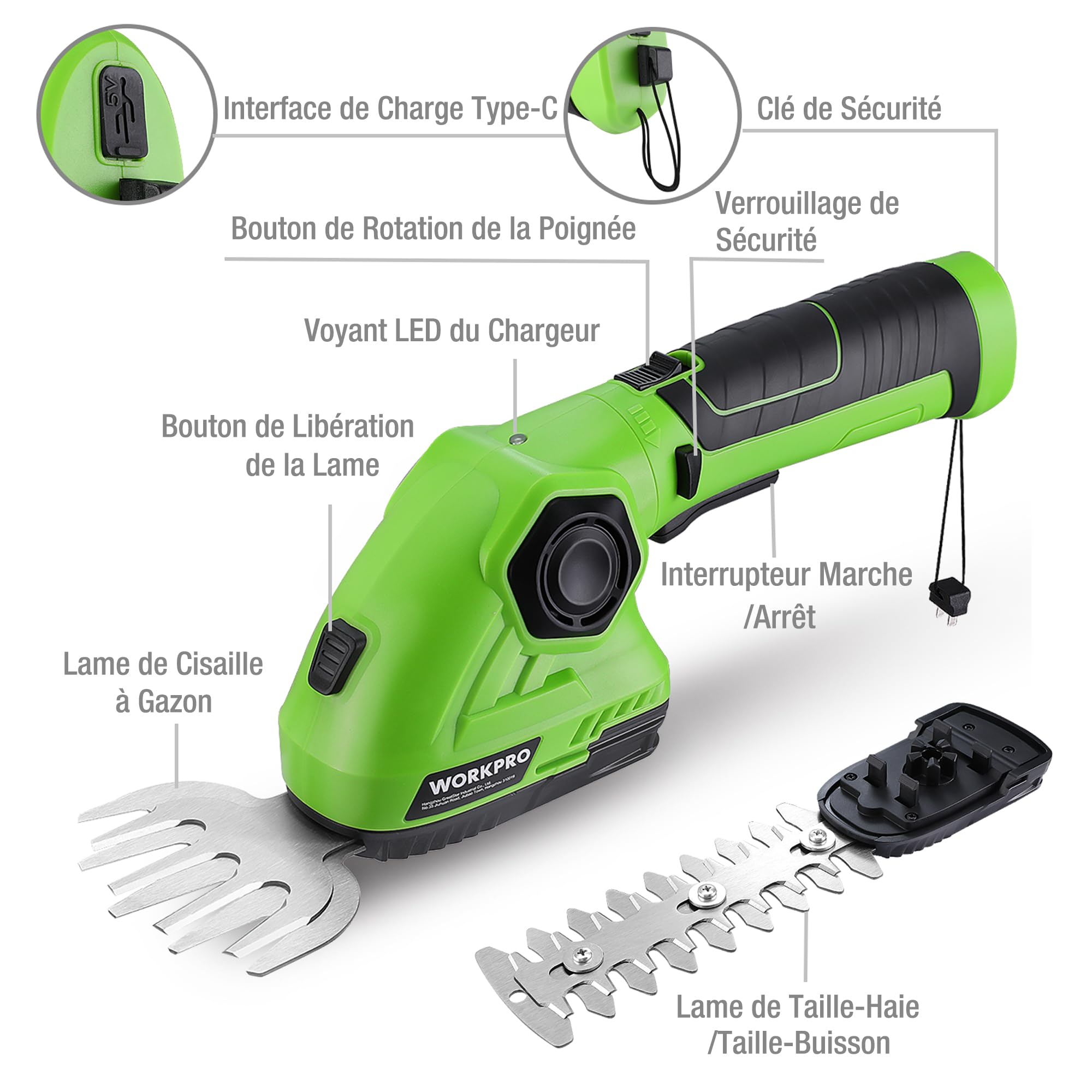 WORKPRO Cisaille à Gazon sans Fil 7,2V avec Taille-Haies et 2 Lames