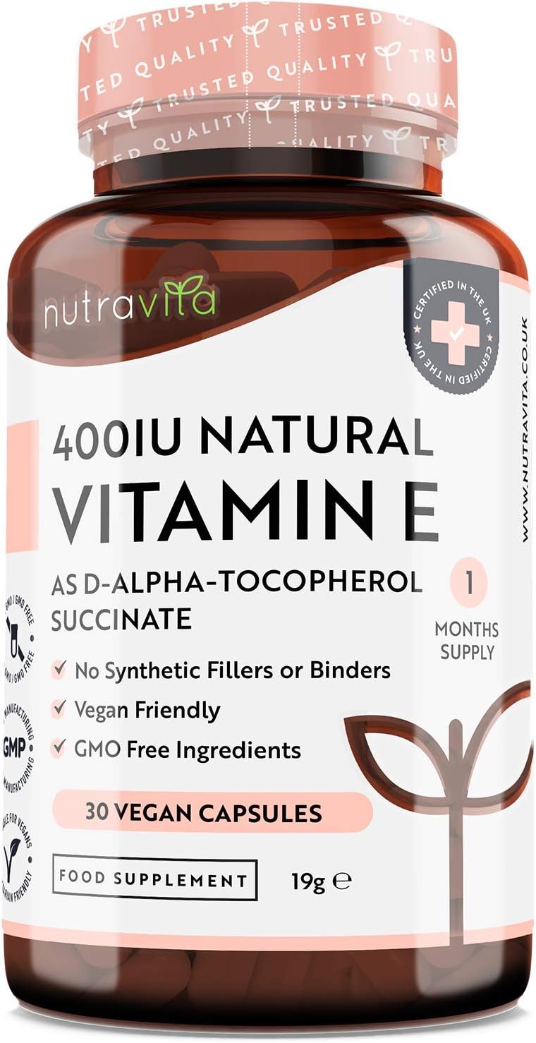 Nutravita Vitamin E 400IU D-Alpha Tocopherol – 100% Natural Vitamin E – 30 Vegan Capsules – Highly Absorbable – 1 Month Supply – Protects Cells from Oxidative Stress – Made in The UK