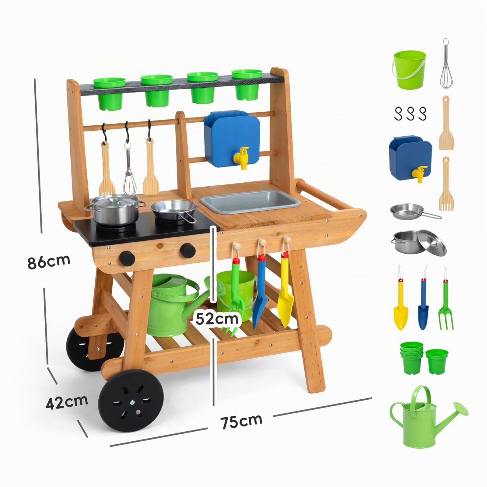 OOOK Matschküche Kinder Outdoor mit Rädern, Outdoorküche Kinder aus Holz | Multifunktionales Gartenspielküche Outdoor aus Tannenholz, für Jungen und Mädchen ab 3 Jahren, Vollständiges Zubehör Set
