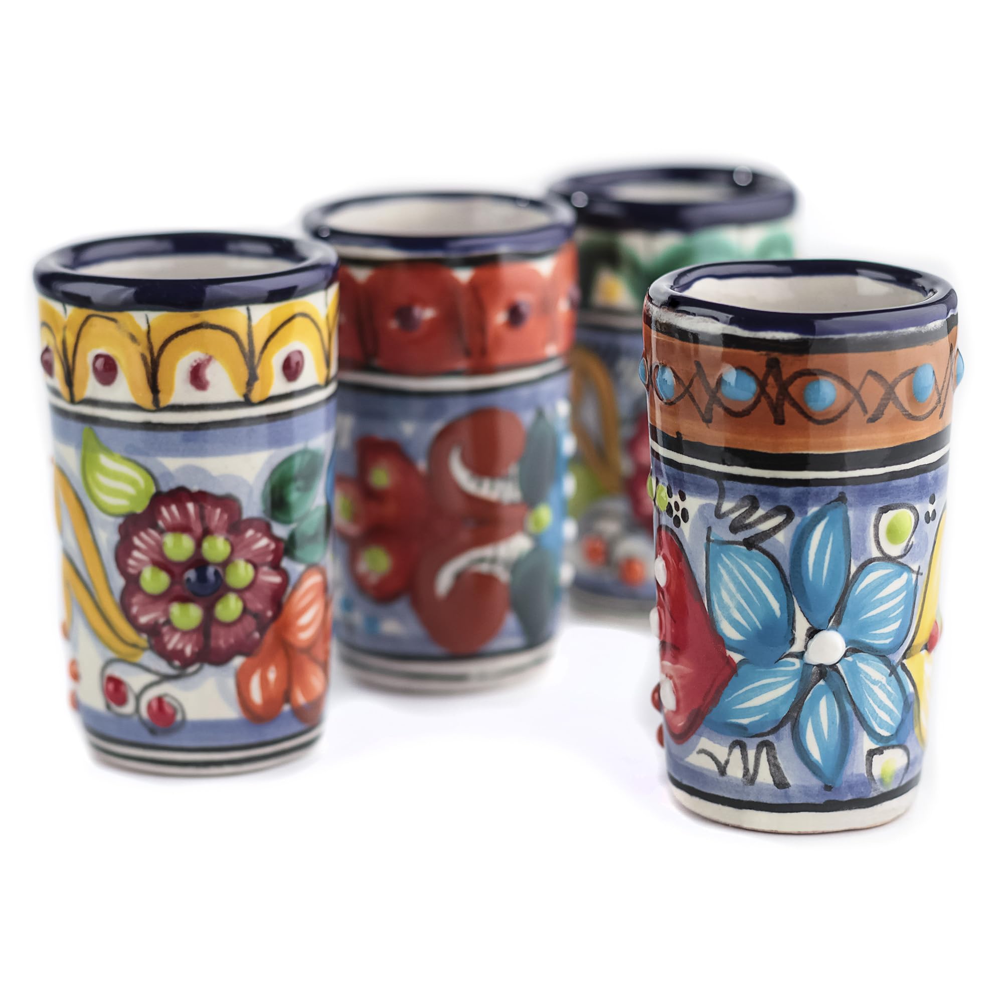 Talavera Lot de 4 verres à shot mexicains authentiques à tequila - Peints à la main - 60 ml (Talavera coloré)