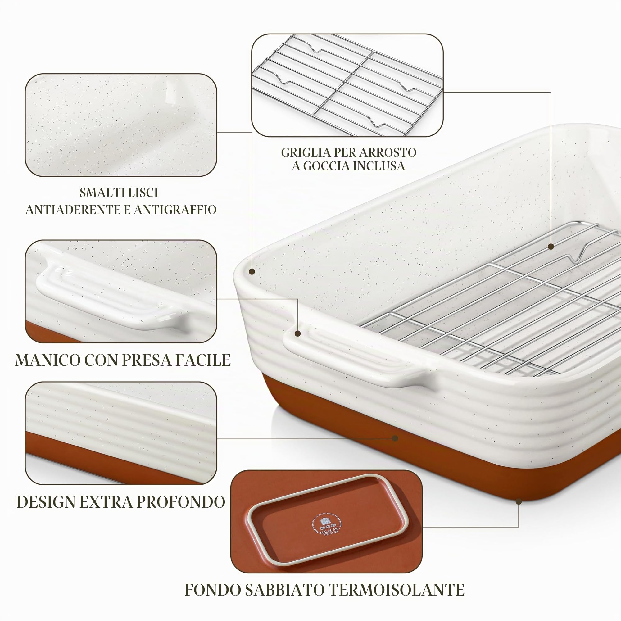 MALACASA Serie TARA, Teglia da Forno in Gres con Manici e Griglia, 3700ml + 2700ml + 1450ml, Teglia Rettangolare da Forno, Ideale per Lasagne, Gratinati e Arrosti, Lavabile in Lavastoviglie