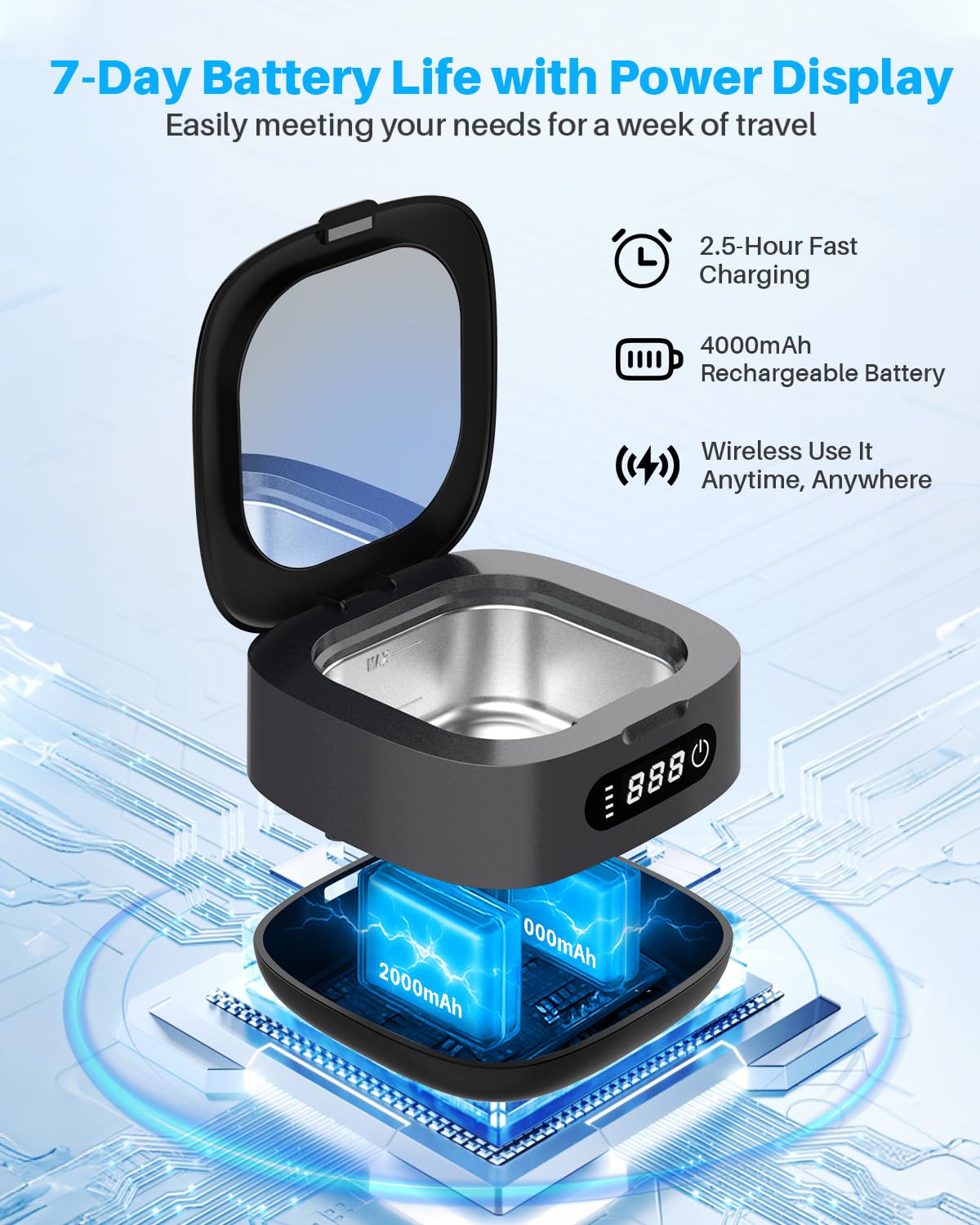 Voraiya 2025 Rechargeable Ultrasonic Retainer Cleaner, Portable Retainer Cleaner Machine, 52kHz Retainer Cleaner for Dentures, Night Guards, Mouth Guards, 166ml Dental Cleaning Pod with Mirror,3 Modes - Image 4